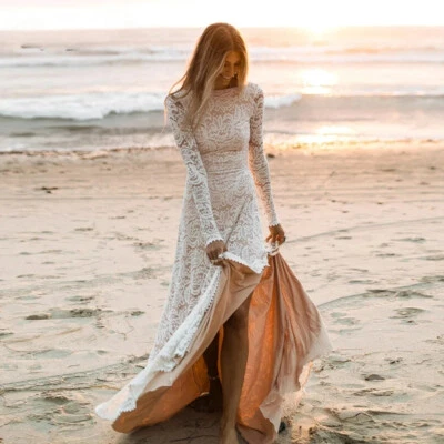 Boho A-Line Wedding Dresses Round Neck Long Sleeved Lace Appliques Bridal Gowns - Image 1 of 4