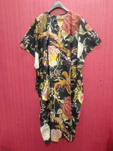 Indian Black Long Floral Printed Cotton Maxi Women Nightwear Kaftan Dress Caftan - Picture 1 of 5