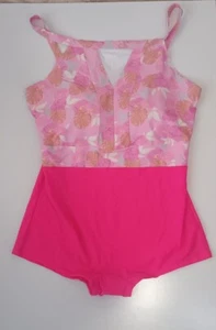 Victoria Hill Ladies Boy Leg One Piece Bathing Swim Suit Size 24 Pink Palm Print - Picture 1 of 5