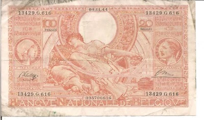 BELGIUM, 100 FRANCS- 20 BELGAS, P#113 / 114, 1944 - Image 1 of 2