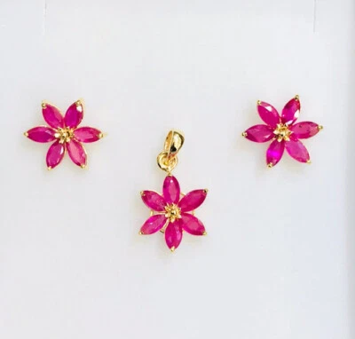 14K Solid Yellow Gold Flower Stud BackEarrings &Pendant With Marquise Ruby3.15GM - Image 1 of 4