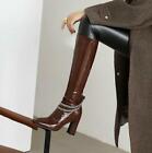 Women Zip Up Block Heel Patent Leather Metal Decor Knee High Riding Boots