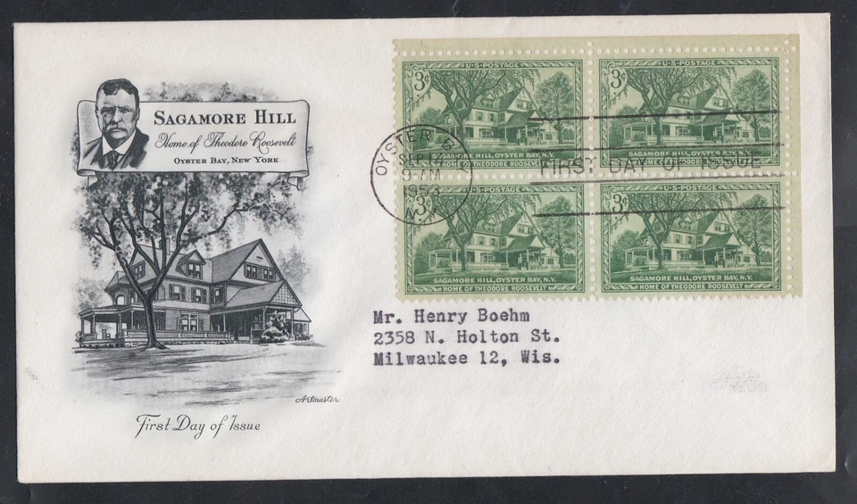 USA 1953 FDC SAGAMORE HILL HOME TO THEODORE ROOSEVELT IN BLOCK OF 4 + CACHET - Image 1 of 1
