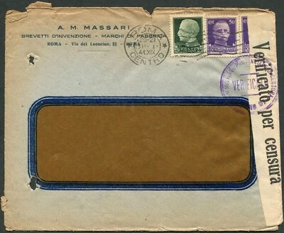 Italy Rome 1941 WWII Torino Censored Railway Meter Cover Window Envelope Postage - Image 1 of 2
