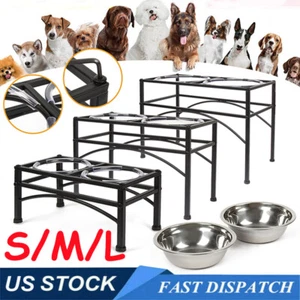 Elevated Raised Double Bowl Pet Feeder Stainless Steel Food Water Stand Holder - Picture 1 of 22