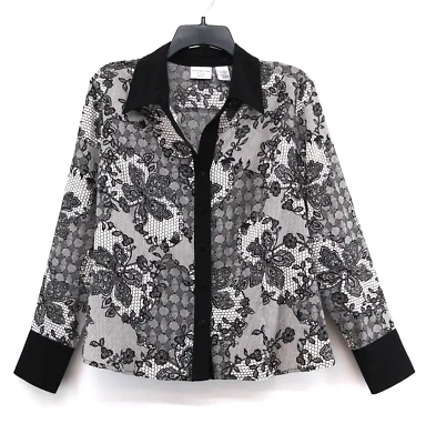 Camisa Covington Feminina Pequena XL Preta Floral Gola Manga Longa Botão para Cima - Imagem 1 de 4