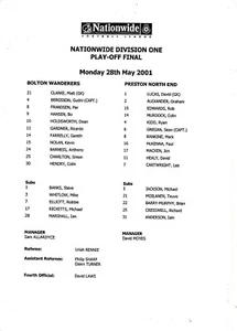 Teamsheet - Bolton Wanderers v Preston North End 2000/1 Play-Off Final - Picture 1 of 1