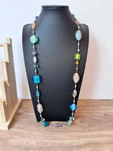 Collar Vintage Firmado Premier Designs Arte Vidrio Azul Verde Claro Tono Plata - Imagen 1 de 6