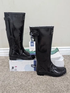 Size 8 Women's Joules Field Welly Gloss Black Pull On Waterproof Boots - Picture 1 of 12