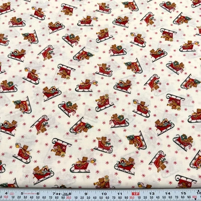 Vintage Cranston Bears in Sleigh Off White Cotton Fabric by the HALF YARD - Image 1 of 2