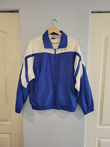 VTG A4 Jacket Men's LARGE Blue Full Zip Nylon Pockets Sports Coach Windbreaker