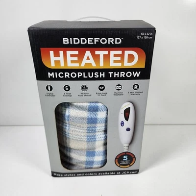 Biddeford Heated Electric Denim Blue Gray Beige Plaid Microplush Throw Blanket  - Image 1 of 4