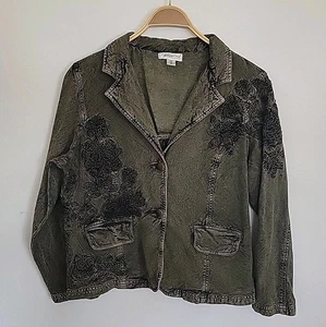 Coldwater Creek Tonal Embroidered Cotton Jacket 12P Washed Out Black Boho Hippie - Bild 1 von 14