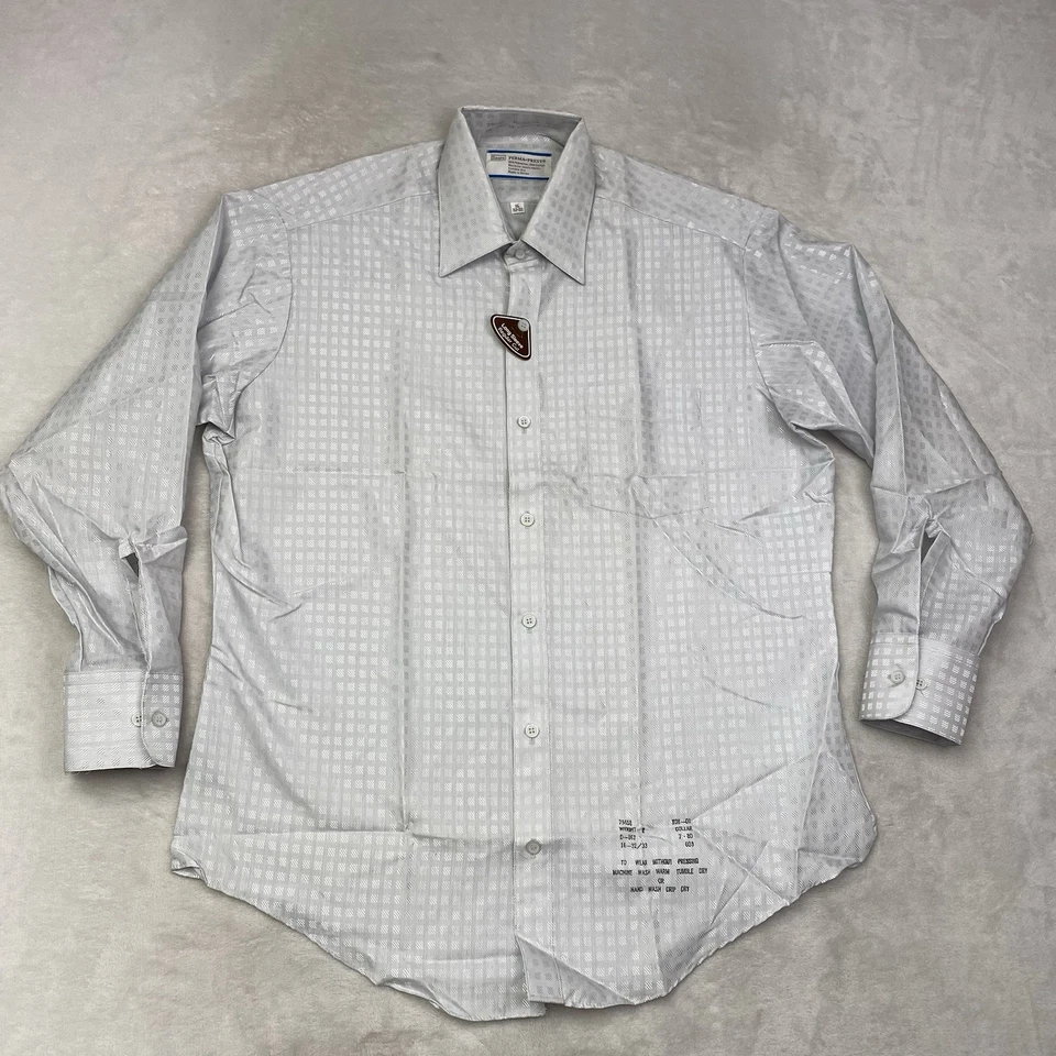 全新带标签复古 Sears Perma-Prest 正装衬衫白色几何长袖 16 32/33 — 第 1/4 张图片