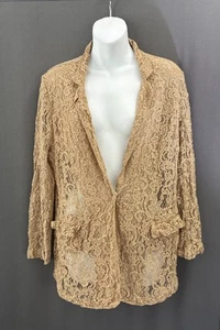 Chico's Floral Lace Blazer Size 2 Large Tan Sheer Snap Front Collared Pockets - Picture 1 of 16