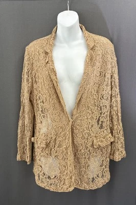 Chico's Floral Lace Blazer Size 2 Large Tan Sheer Snap Front Collared Pockets - Image 1 of 4