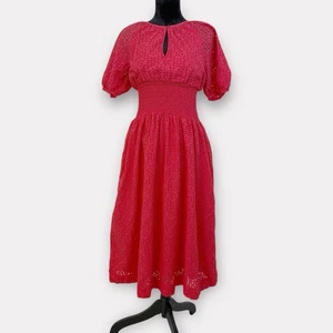 J. Vestido midi Crew Provence cintura ajustada ojales pequeño rojo-rosa bolsillos cabaña - Imagen 1 de 9