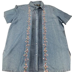Vintage Just Class Jeanskleid 1X bestickt Blumen Biesen Kurzarm Hemd - Bild 1 von 8