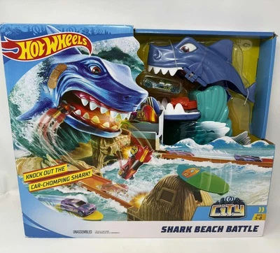 Hot Wheels FNB21 City Shark Beach Battle Challenge Playset w/ Track Builder Car - Image 1 of 4