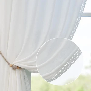 Linen Lace Curtains with Trim 108 Inch Length 2 Panels White Vintage Farmhous... - Picture 1 of 9