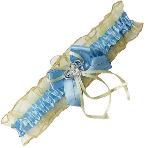 Braut-Strumpfband mit Silbernaht 2 Herzchen und Schleifen blau creme S- XXL EU - Bild 1 von 1