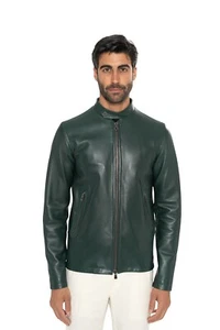 5600$ ISAIA NAPOLI Forest Green Biker Jacket Coat Lambskin Leather 38 US / 48 EU - Picture 1 of 10
