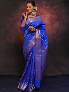 New South Indian Banarasi Sari Bridal Silk Saree Bollywood Designer Party Wear - Picture 1 of 3