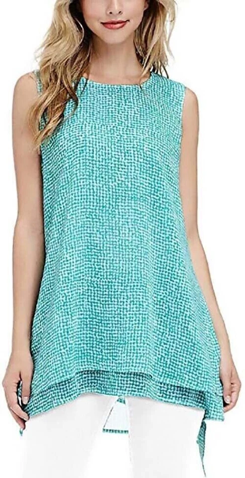Fever Women's Double Layer Tank Blouse/shirt Top Aqua Speckle Grid Size S