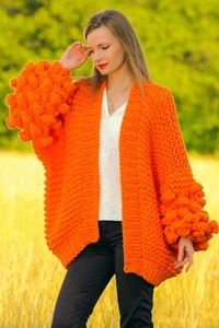 SuperTanya knitted orange cardigan chunky oversized sweater baby yarn top - Picture 1 of 8