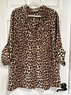 Kathy Che Women's 22/24W Roll Tab Sleeve Blouse Brown Multi Leopard Print EUC - Image 1 of 4