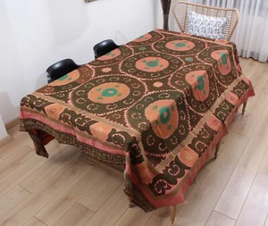 Suzani Uzbek Embroidered Table Cover 6.99' x 8.40' VINTAGE FAST Shipment 14744 - Picture 1 of 12