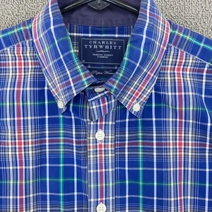 Charles Tyrwhitt Button Up Shirt Mens Medium M Long Sleeve Blue Plaid Cotton - Picture 1 of 12