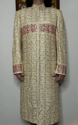 Sherwani Indian Traditional Wedding Outfit Men 38" (95cm) White Gold Red Beaded - Image 1 of 4
