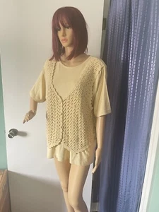 VTG 80s Victoria Jones Short Sleeve Yellow 100% Silk Sweater Top L - Picture 1 of 7