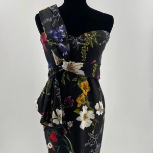 Parker Black One Shoulder Half Peplum Dress Floral Size 8 - Picture 1 of 7