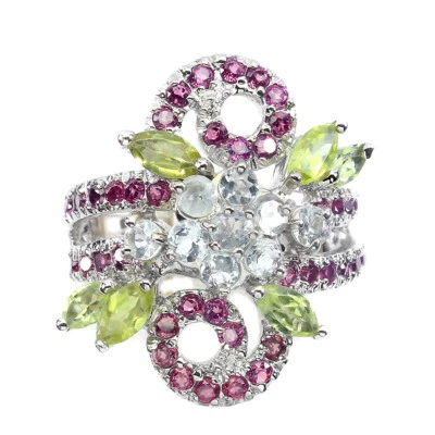 925 Sterlingsilber Ring Rund Aquamarin Peridot Rhodolith Edelstein Schmuck 8 - Bild 1 von 4