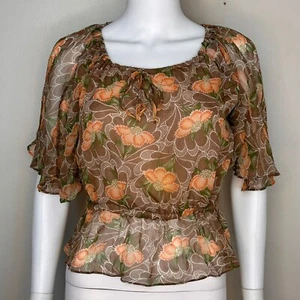 Vintage 1970s Sheer Brown Orange Floral Blouse Prophecy Flutter Sleeves 70s 80s - Picture 1 of 6