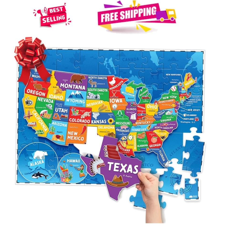 Rompecabezas de mapas colorido de EE. UU. para niños 4-6 - 70 piezas duraderas para pensamiento crítico Foto 1 de 4