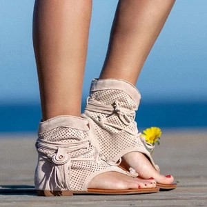Sandalias con cordones y borlas de verano para mujer Botines Punta abierta Playa Chanclas planas - Imagen 1 de 19