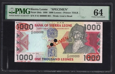 Sierra Leone 1000 Leones 15-7-1998 P20ds "Specimen N.001" UNC Graded 64 Top Pop - Image 1 of 2