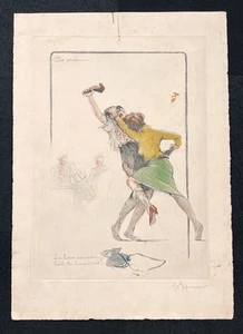 Vintage Original Gaston Hoffman Comic Lithographie - Paar kämpft - Bild 1 von 3