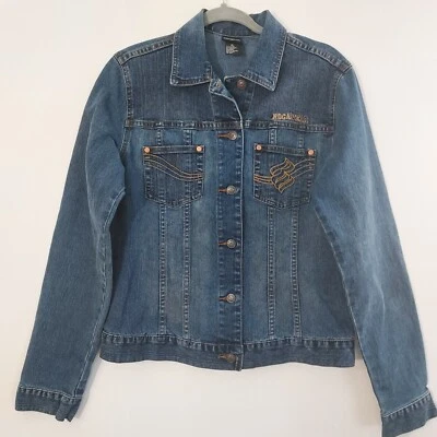 Rocawear Denim Jean Jacket Women XL Blue Embroidered Brown Logo Button Up Short! - Image 1 of 4