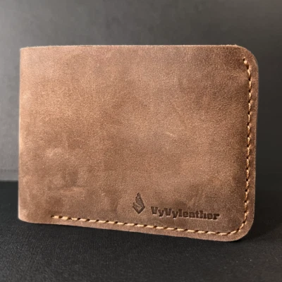 Cartera de cuero genuino hecha a mano para hombre de colección de cuero doble pliegue central Foto 1 de 4