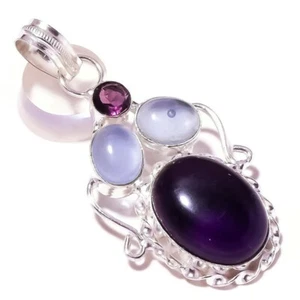 Blue Amethyst, Chalcedony Gemstone Silver Overlay Handmade Rope Bezel Pendant - Picture 1 of 3