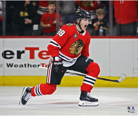Patrick Kane Chicago Blackhawks Unsigned Red Jersey Goal Celebration Photograph Cover