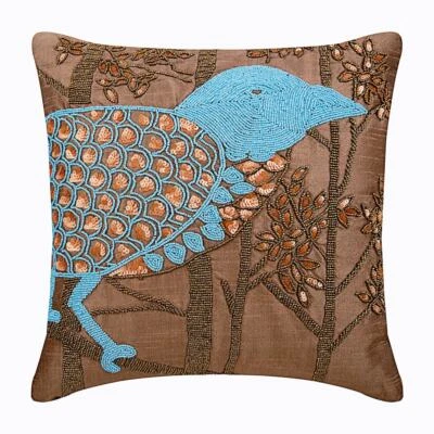 Decorative Cushion Case Brown 16"x16", Sofa Decor Silk Beaded - Birdy Paradise - Image 1 of 3