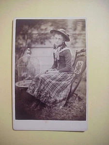 Antique CABINET CARD PHOTO of GIRL named ELLA with HAWK IN CAGE - Picture 1 of 3