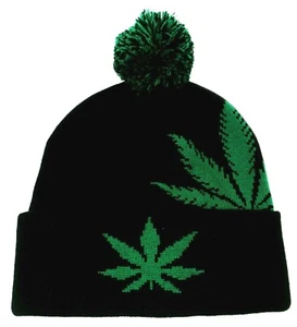 Marijuana Leaf Skull Cap 420 Weed Cuff Pom Beanie Winter Hat Cuffed Black New - Picture 1 of 2