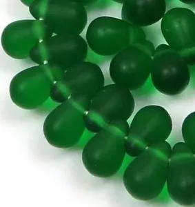 50 Czech Frosted Sea Glass Teardrop Beads -Matte - Green Emerald 6x4mm - Picture 1 of 2