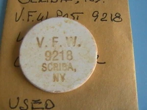 TOKEN PLASTIC SCRIBA NY V. F. W. POST #9218 ONE BEER GOLD LETTERING WHITE - Picture 1 of 4